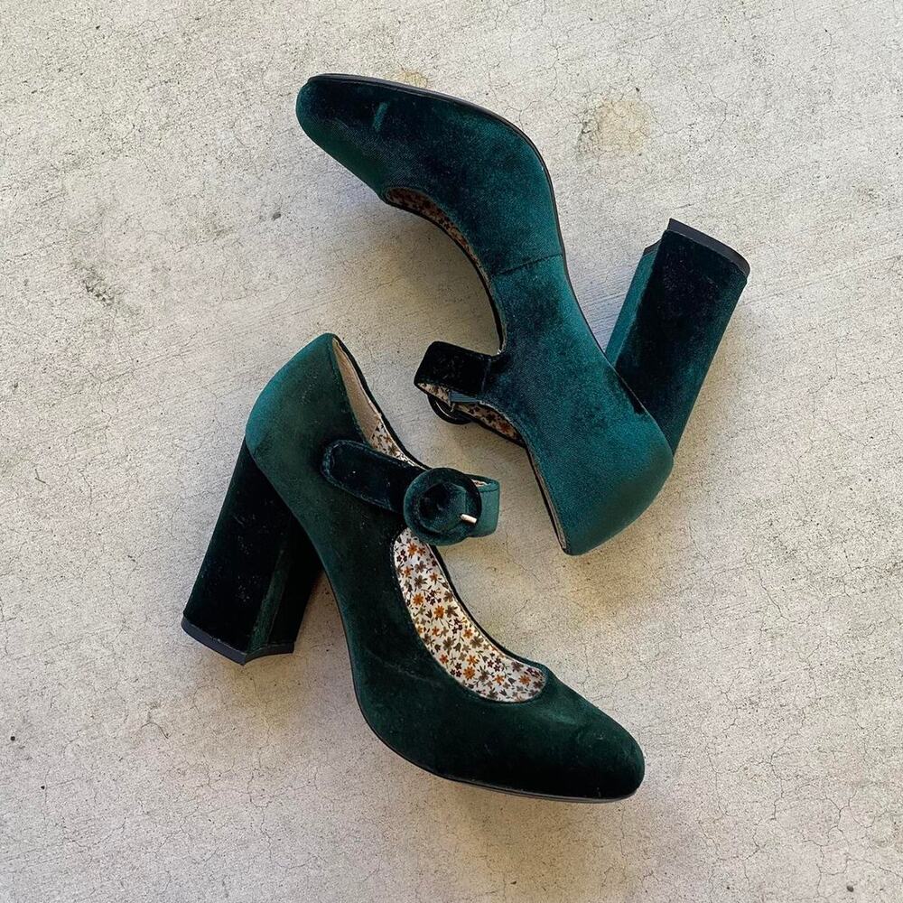 Velvet Green Mary Jane Pumps